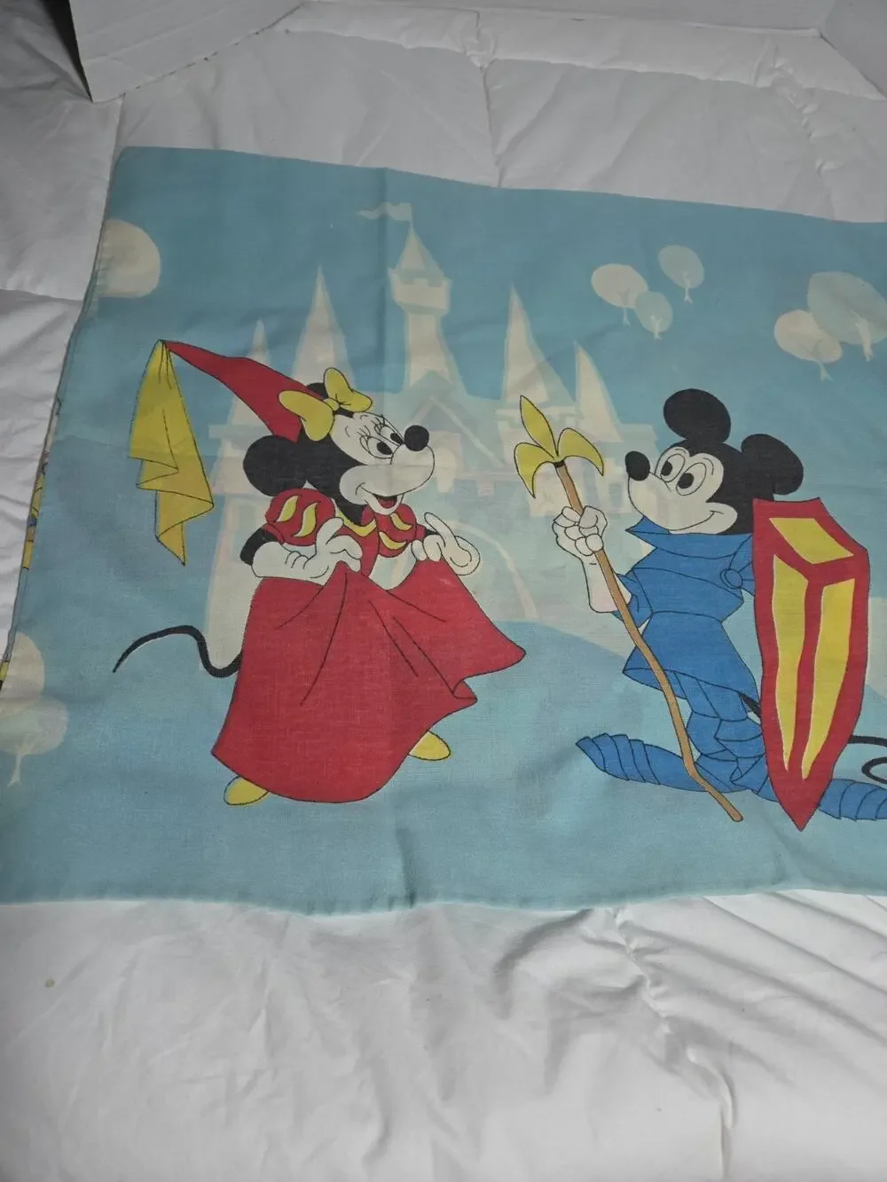 Disney 70s Mickey Mouse Frontierland Blue Pillowcase Knight Princess Vtg Cham
